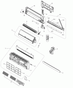 Schema e dispositivo dell'unità interna del condizionatore d'aria: ventilatore, girante, smontaggio, scheda