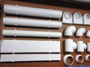 Tipos de dutos de ar de plástico e adaptadores.